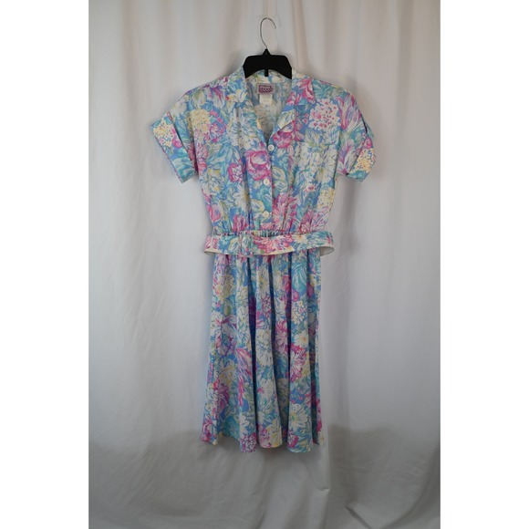 California Looks Dresses & Skirts - California Looks Vintage Floral Short Sleeve Belted Midi Dress 10P Made in USA
